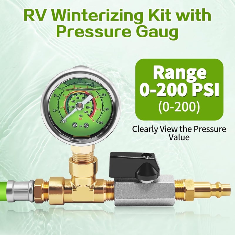 HFVSLFA RV Winterizing Kit with Pressure Gauge, 60inch RV Winterize Hose with 3/4" GHT Blow Out Fitting Adaptor & 1/4" Quick Connect Plug, Sprinkler Winterization for RV, Camper, Boat, Travel Trailer, Green - Image 2